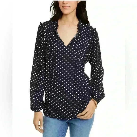 Tommy Hilfiger Tops - Tommy Hilfiger Womens Polkadot Navy/White Ruffle Blouse Size Small